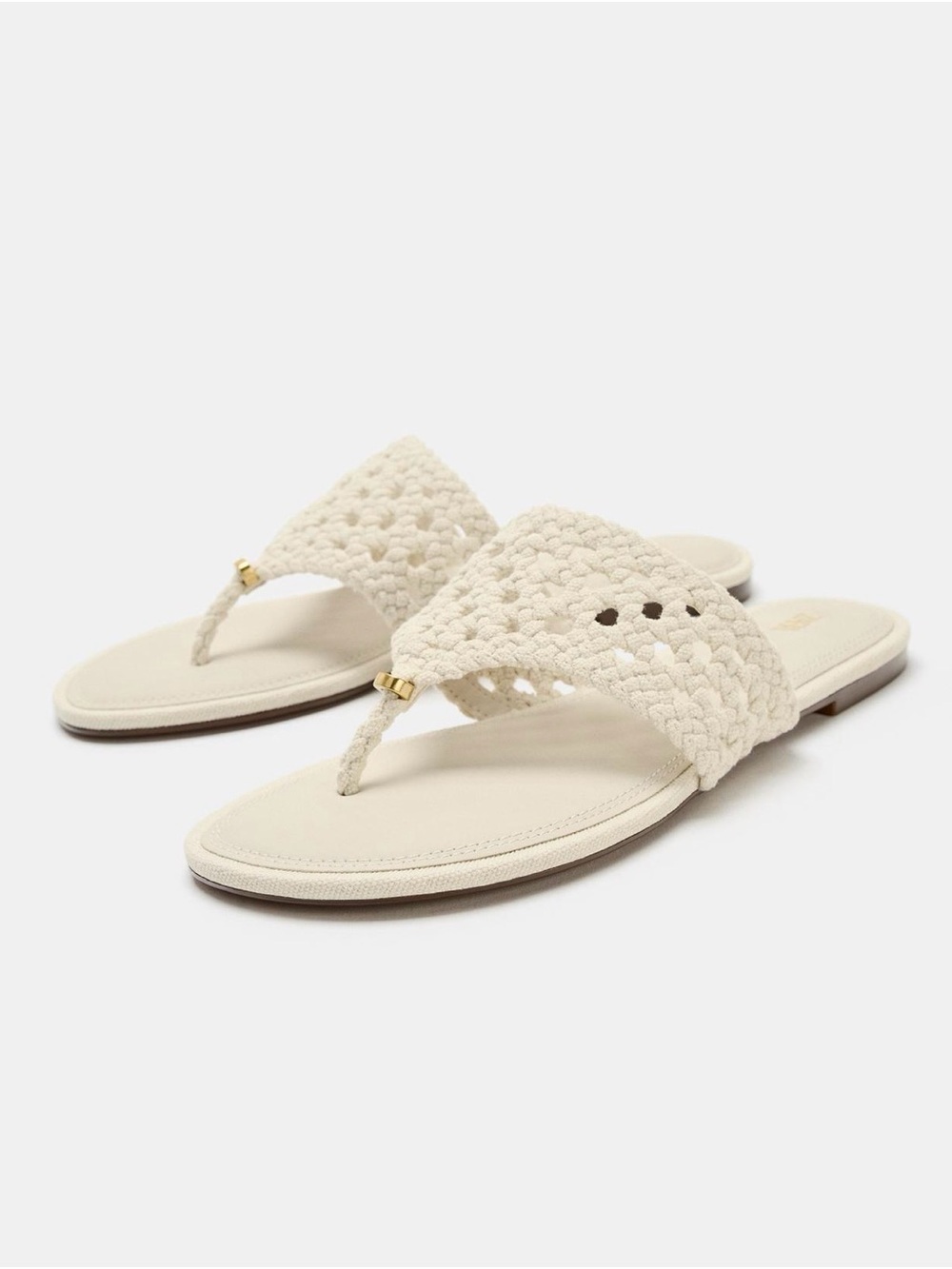 Zara Cream Woven Toe-Post Sandals with Gold Accents